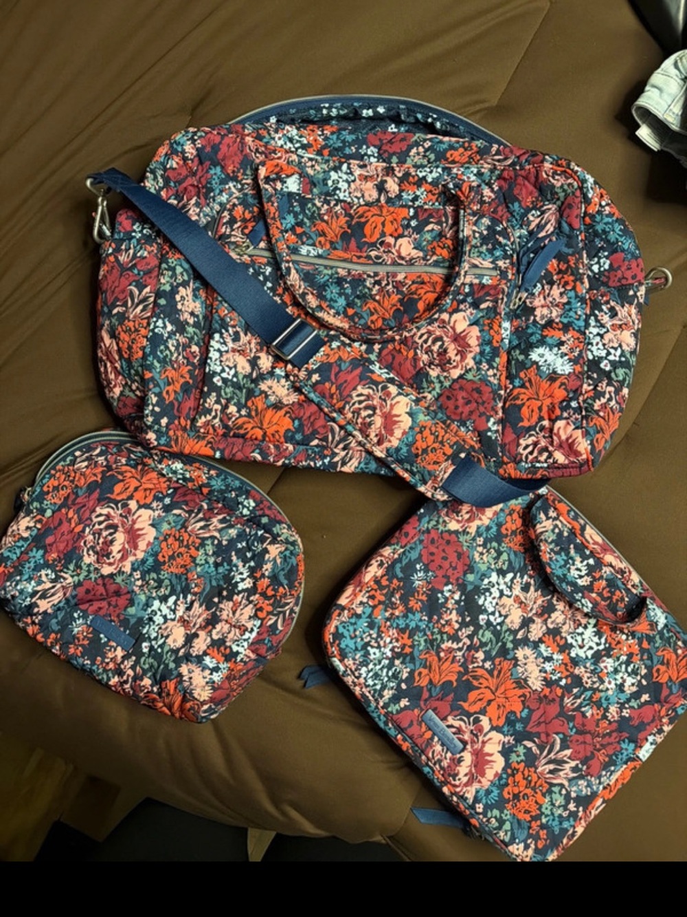 Vera Bradley Quilted Floral Travel Bag Trio in Navy, Coral and Teal